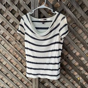 DANA BUCHMAN Women’s Medium Short Sleeve Shirt Cowl Neck White Dark Gray Stripe